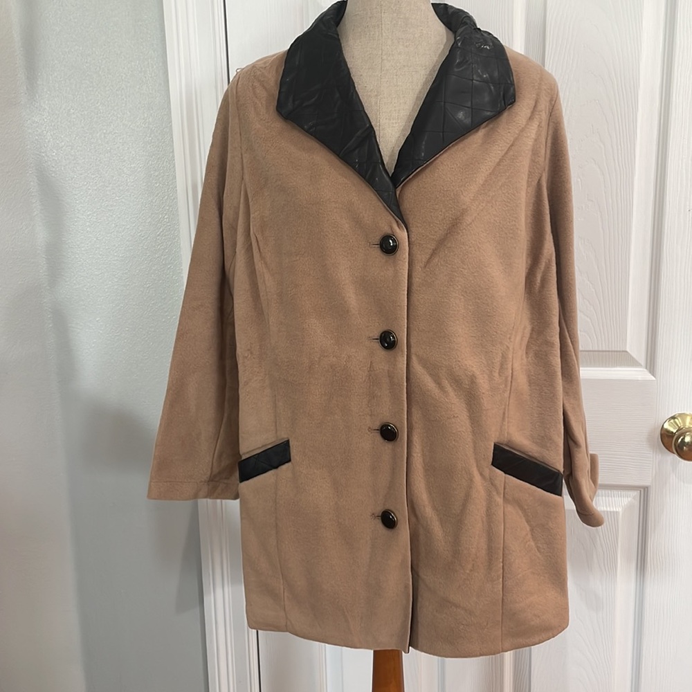 Bob Mackie fleece jacket wearable art beige coat black faux leather size 3X nwts